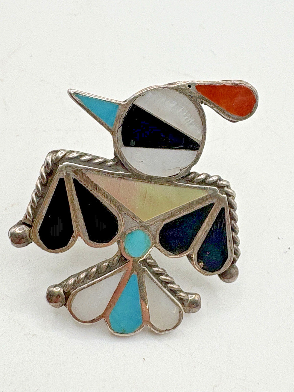 Vintage Zuni Silver 925 Thunderbird Inlay Ring 1970s Handmade 8.23g Size 5.5